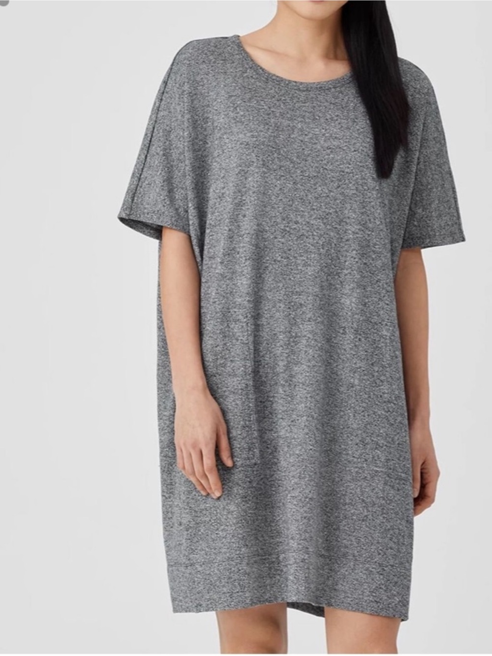 Eileen Fisher Organic Cotton Hemp Melange Heathered Gray V-Neck Pocket Dress